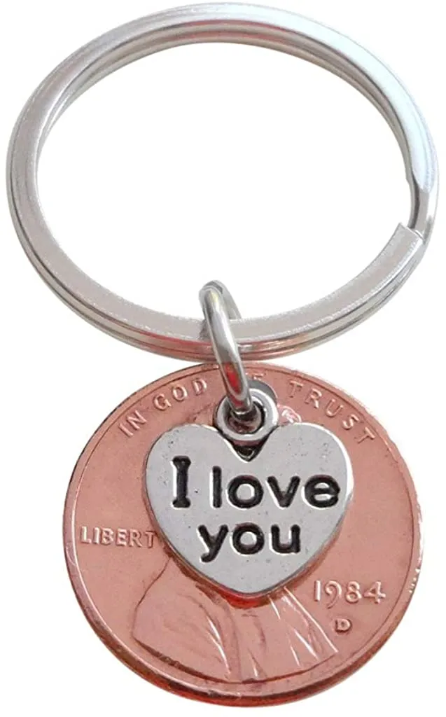 I Love You Heart Charm Layered Over 1984 Penny Keychain; 41 Year Anniversary Gift, Couples Keychain