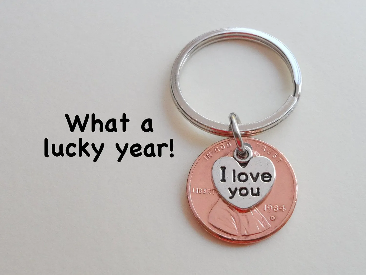 I Love You Heart Charm Layered Over 1984 Penny Keychain; 41 Year Anniversary Gift, Couples Keychain