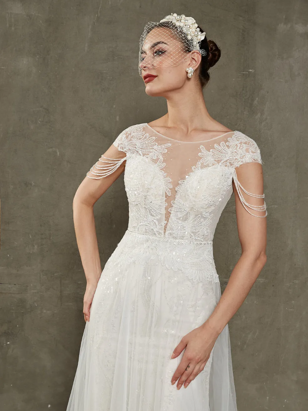 Illusion Lace Tulle Tassel Cap Sleeve Mermaid Wedding Dress With Train