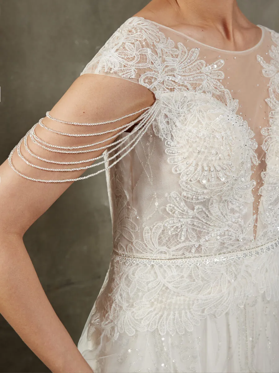 Illusion Lace Tulle Tassel Cap Sleeve Mermaid Wedding Dress With Train