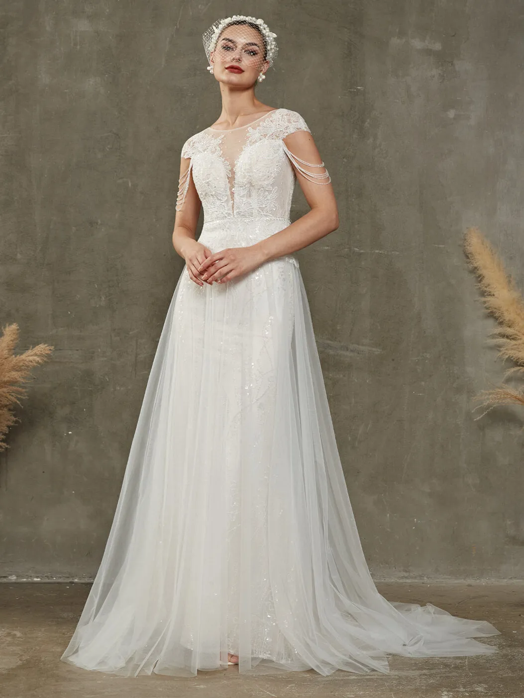Illusion Lace Tulle Tassel Cap Sleeve Mermaid Wedding Dress With Train