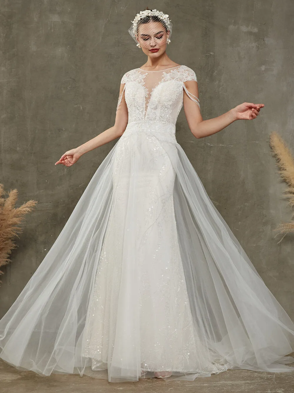 Illusion Lace Tulle Tassel Cap Sleeve Mermaid Wedding Dress With Train
