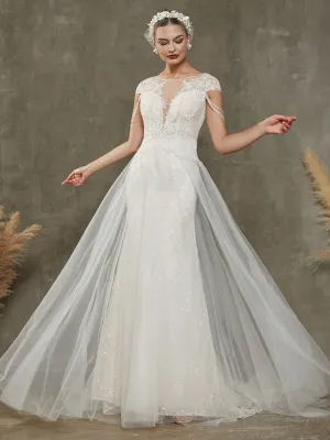 Illusion Lace Tulle Tassel Cap Sleeve Mermaid Wedding Dress With Train