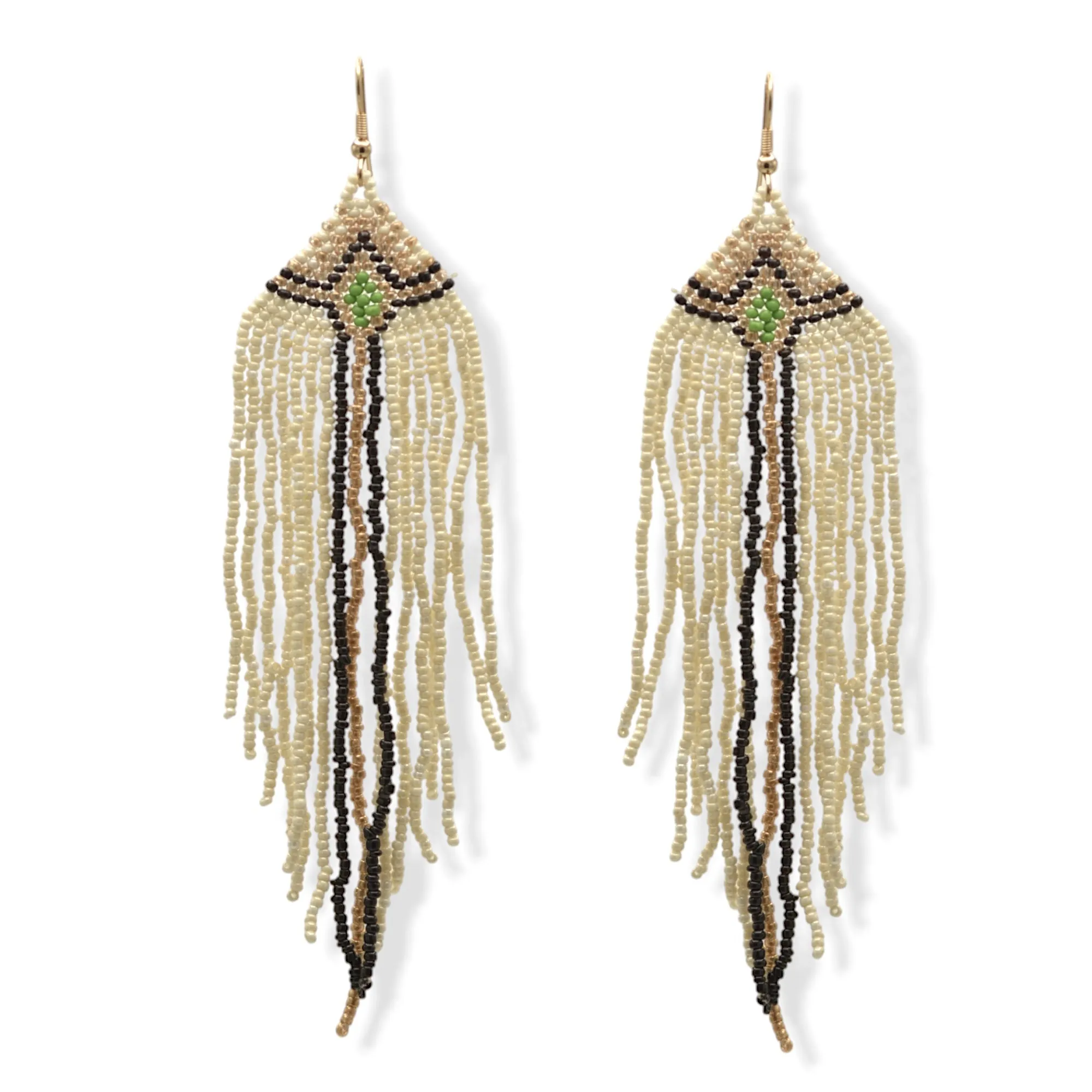 Ivory,Black, And Gold Bohemian Seed Bead Long Tassel Earrings #SH-ER-1195
