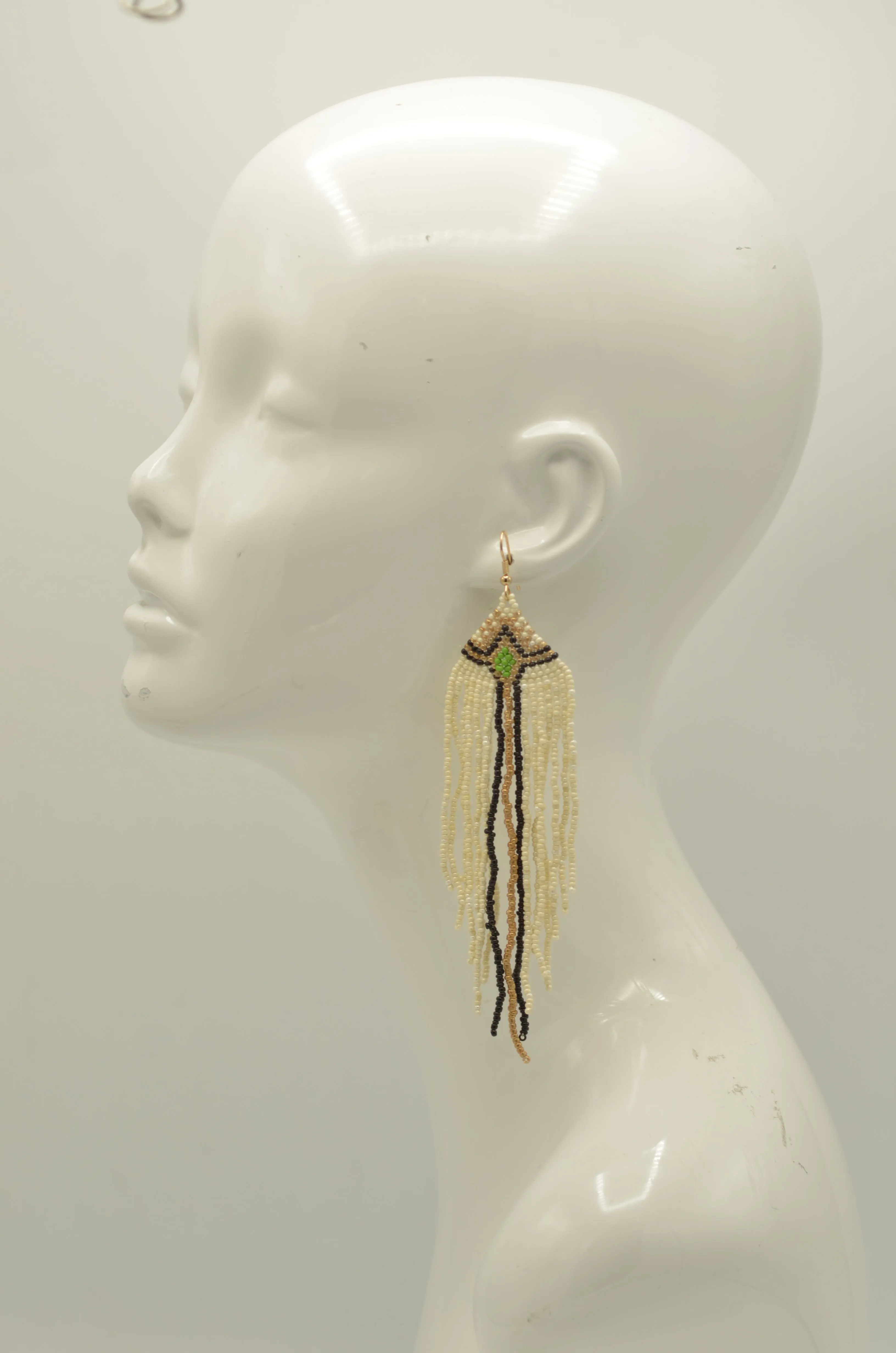 Ivory,Black, And Gold Bohemian Seed Bead Long Tassel Earrings #SH-ER-1195
