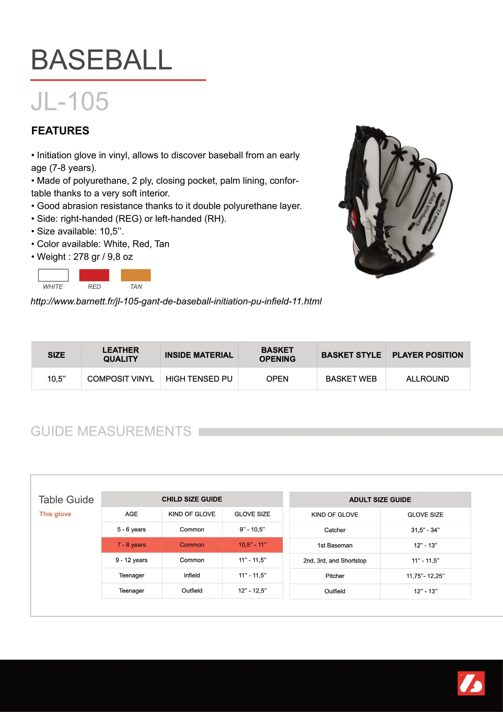JL-105-baseball glove, outfiled, REG size 10.5" red
