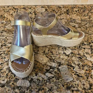 Kurt Geiger Arlo Leather Platform Wedge Espadrille Sandal Gold sz 48 Women's 7.5