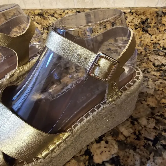 Kurt Geiger Arlo Leather Platform Wedge Espadrille Sandal Gold sz 48 Women's 7.5