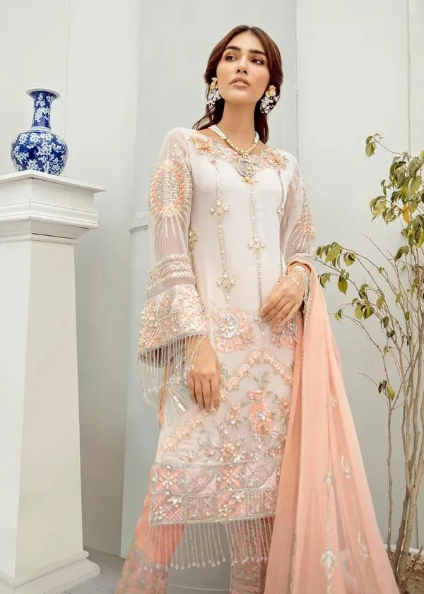 Latest White Chiffon Dress With Soft Peach Combination # CA138