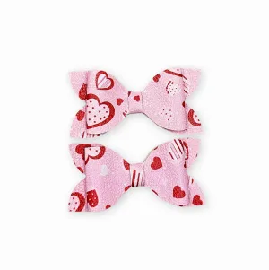 Luna - Pink Hearts Faux Leather Hair Bow Set