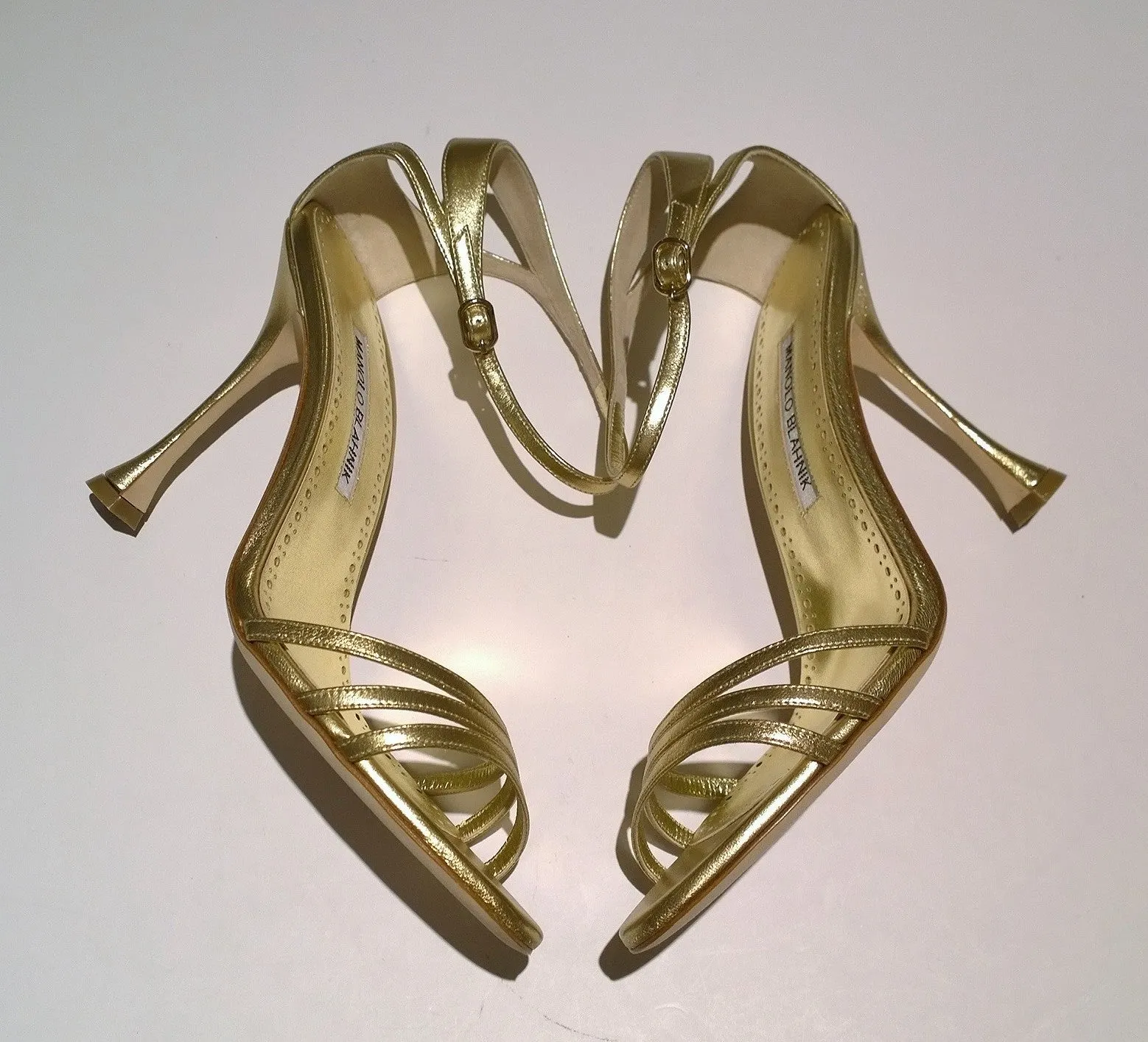 Manolo Blahnik Caracol 105 Gold Nappa Leather Sandals Heels NIB