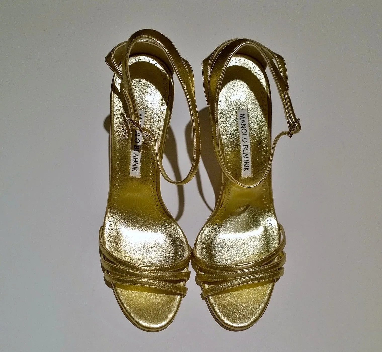 Manolo Blahnik Caracol 105 Gold Nappa Leather Sandals Heels NIB