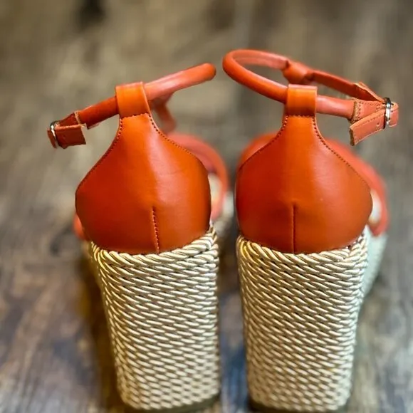 Marc Fisher Zinck Espadrille Twisted Rope Wedge Sandal Burnt Orange Rust Women's