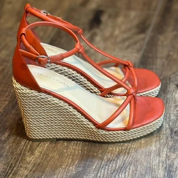 Marc Fisher Zinck Espadrille Twisted Rope Wedge Sandal Burnt Orange Rust Women's