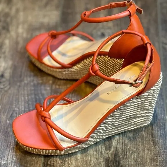 Marc Fisher Zinck Espadrille Twisted Rope Wedge Sandal Burnt Orange Rust Women's