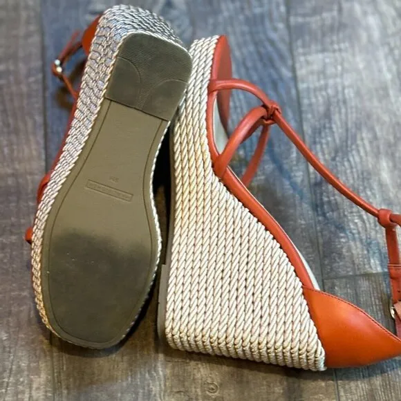 Marc Fisher Zinck Espadrille Twisted Rope Wedge Sandal Burnt Orange Rust Women's