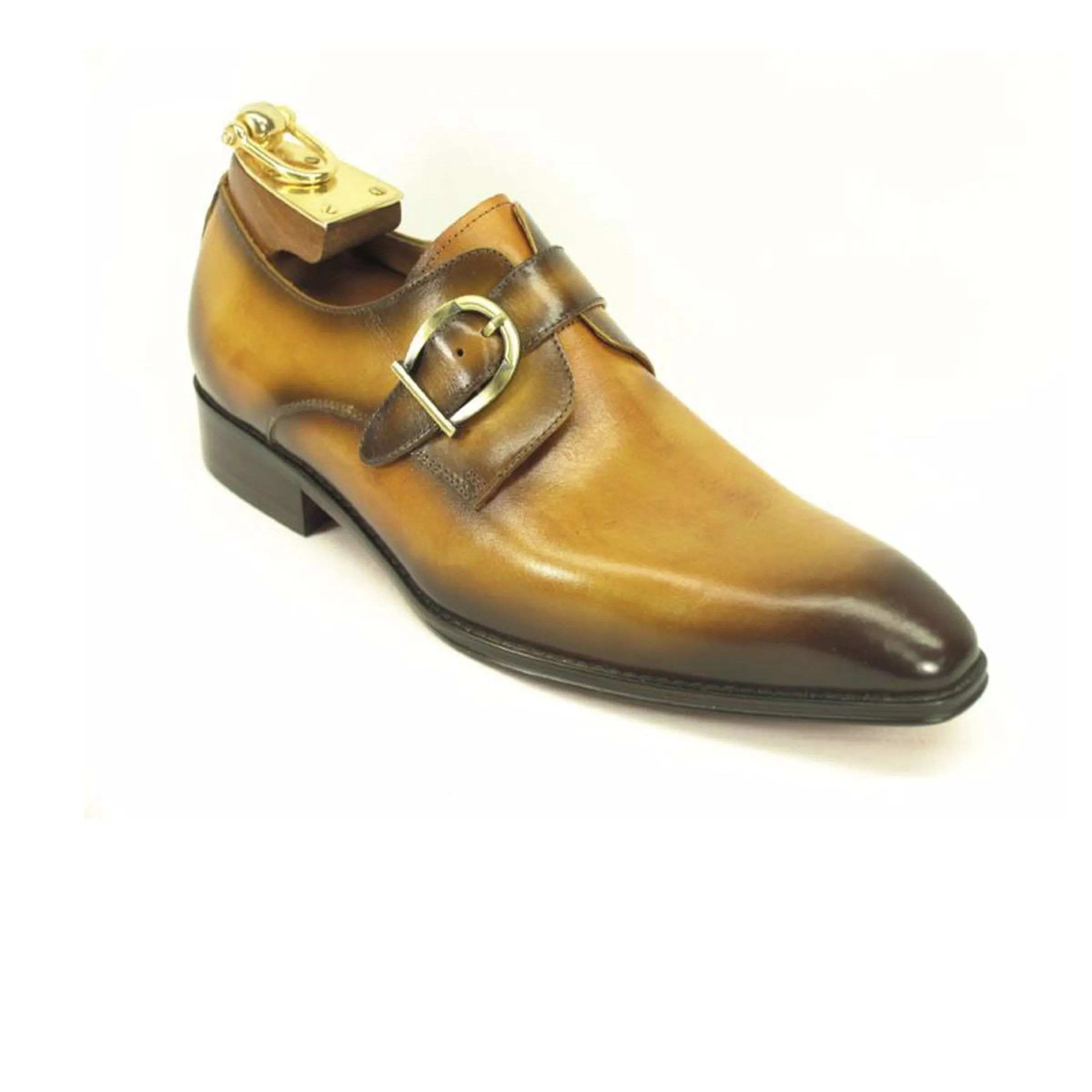 Mens Carrucci Classic Leather Fade Single D-Buckle Monk Strap Dress Shoe in Chestnut