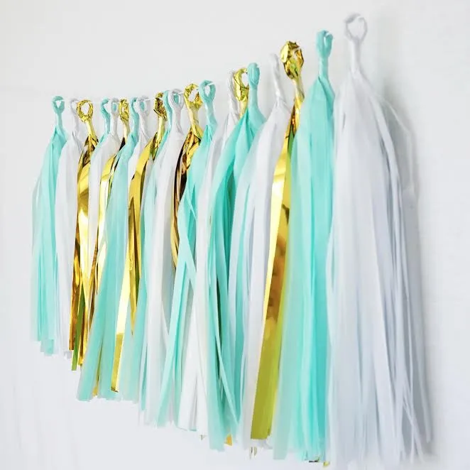 Mint White Mylar Metallic Gold Tassel Garland Banner Party Decoration Wedding Paper Garland