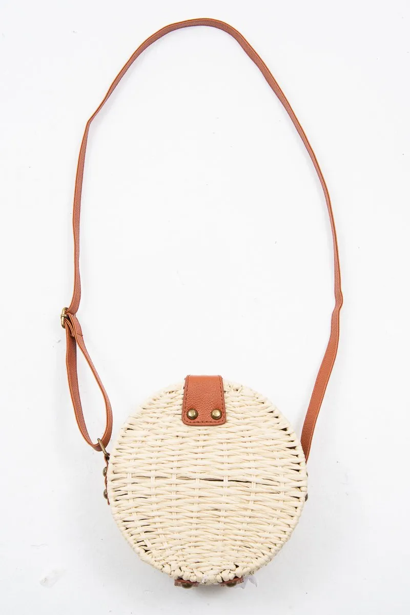 Natural Woven Faux Leather Detail Round Bag - Dionne