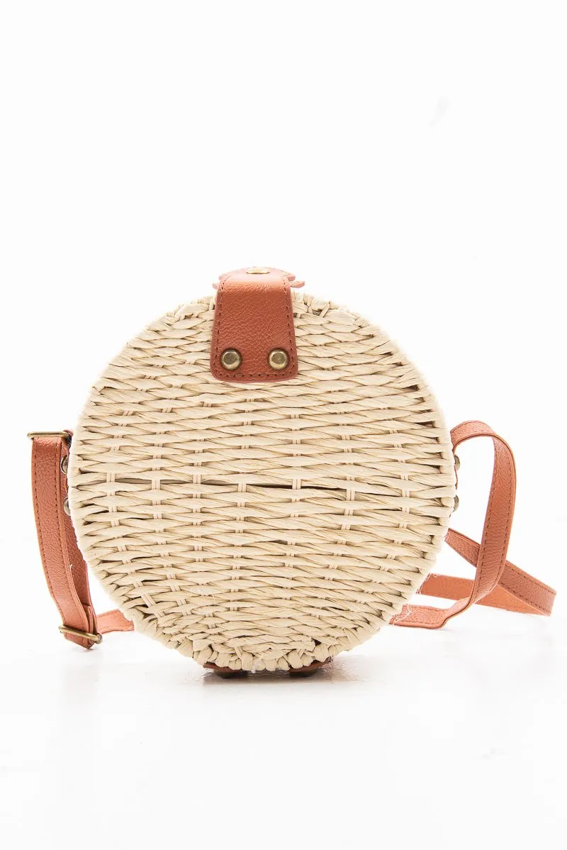 Natural Woven Faux Leather Detail Round Bag - Dionne