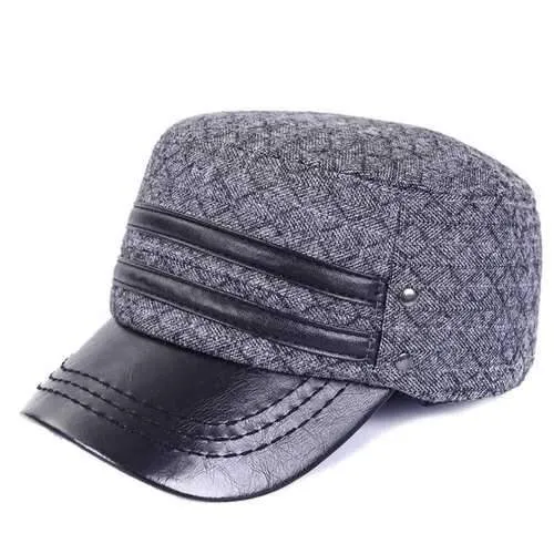 Outdoor Winter Double PU Leather Band Rhombus Ear Warmer Hat - Gray