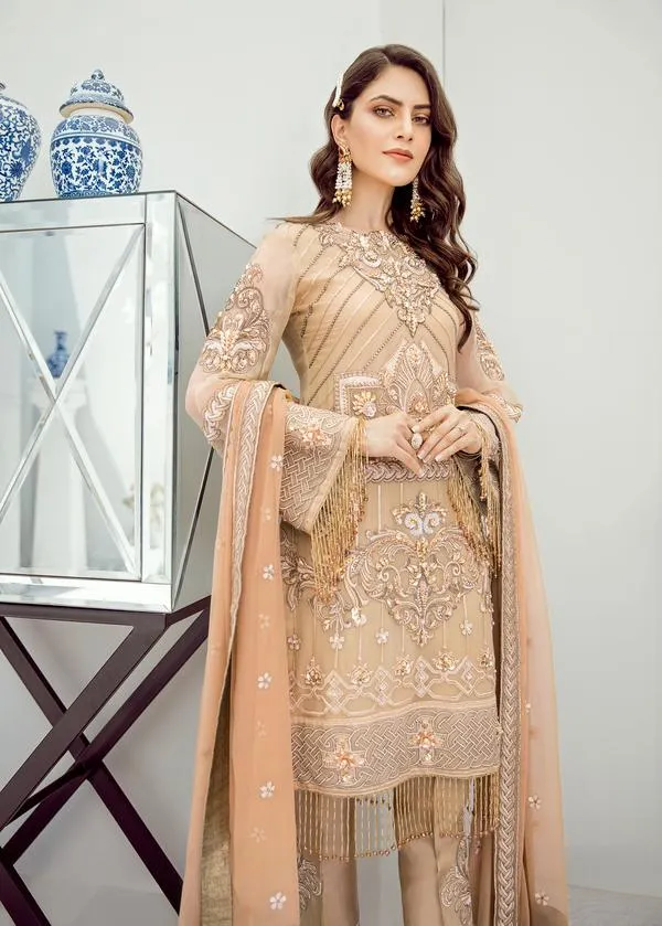 Pakistani Luxury Pret Collection Dark Beige Chiffon Dress # CA139