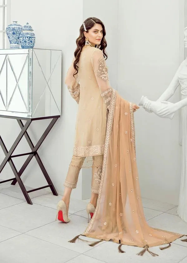 Pakistani Luxury Pret Collection Dark Beige Chiffon Dress # CA139