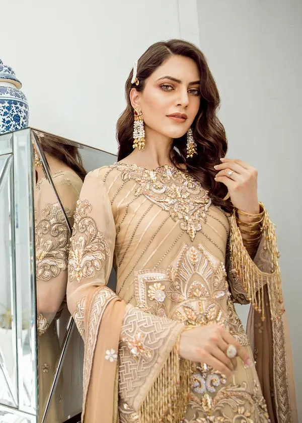 Pakistani Luxury Pret Collection Dark Beige Chiffon Dress # CA139