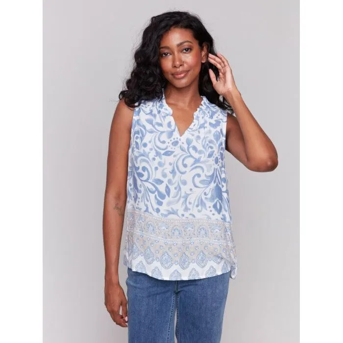 Printed Ruffle Neck Blouse