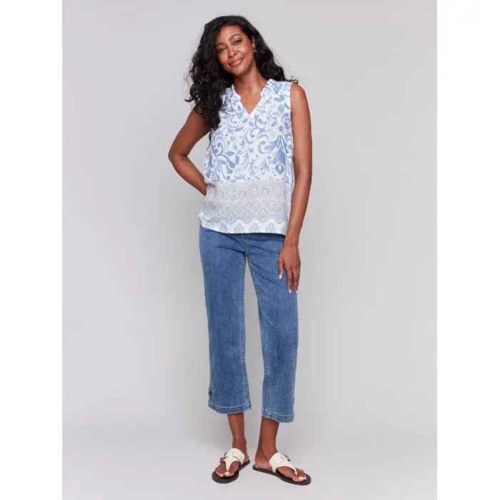 Printed Ruffle Neck Blouse