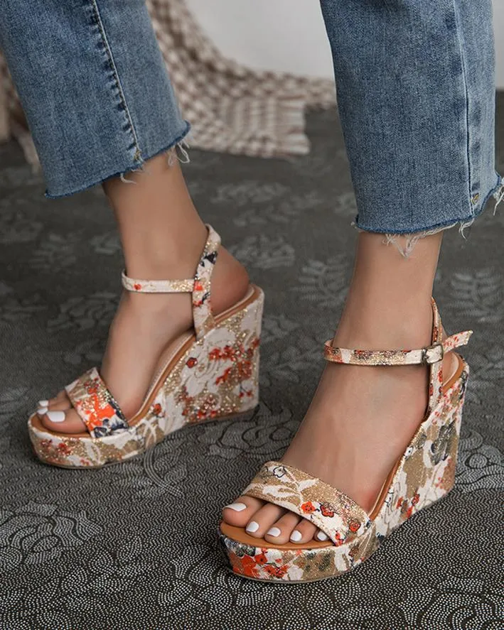 Printed Wedge Sandals - Beige