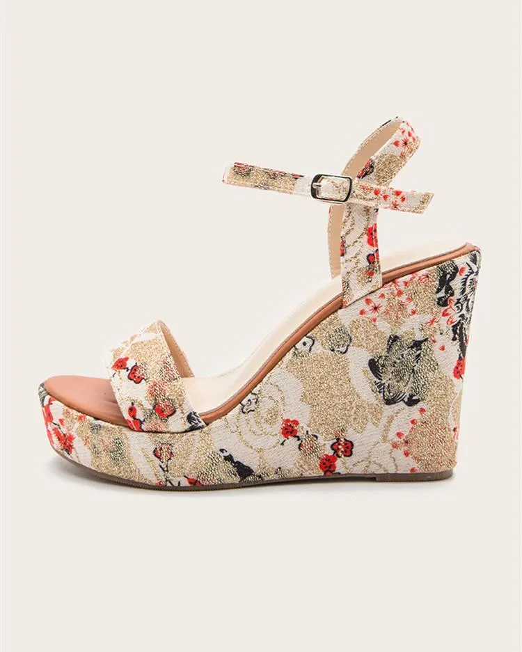 Printed Wedge Sandals - Beige