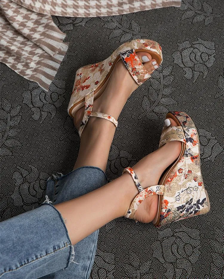 Printed Wedge Sandals - Beige
