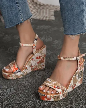 Printed Wedge Sandals - Beige