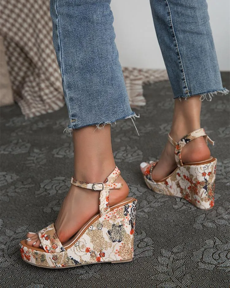 Printed Wedge Sandals - Beige