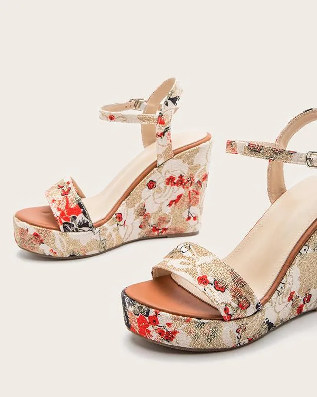 Printed Wedge Sandals - Beige
