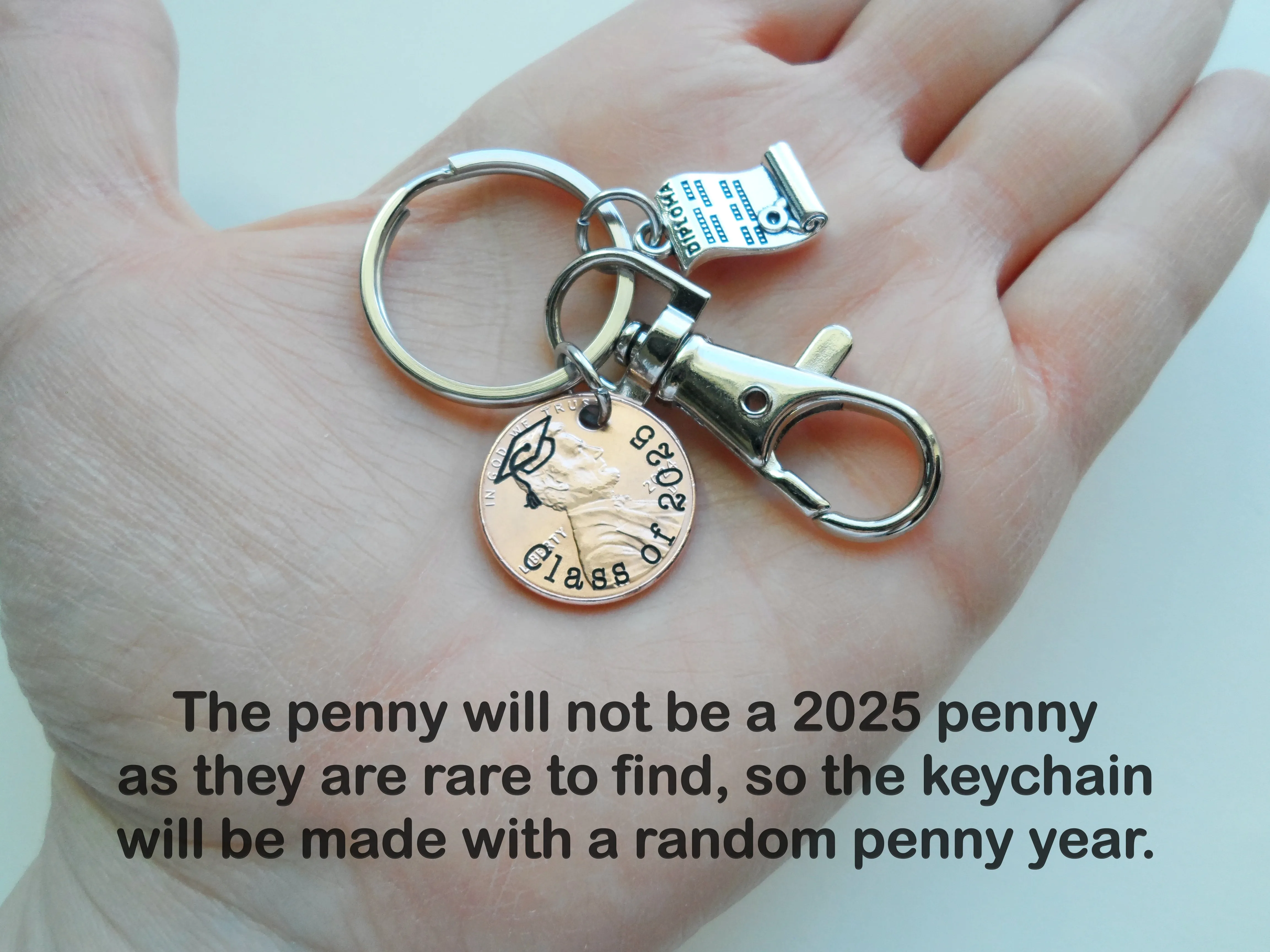 "Class Of 2025" Engraved Penny Keychain with Engraved Graduate Cap & with Graduate Diploma Charm and Clasp
