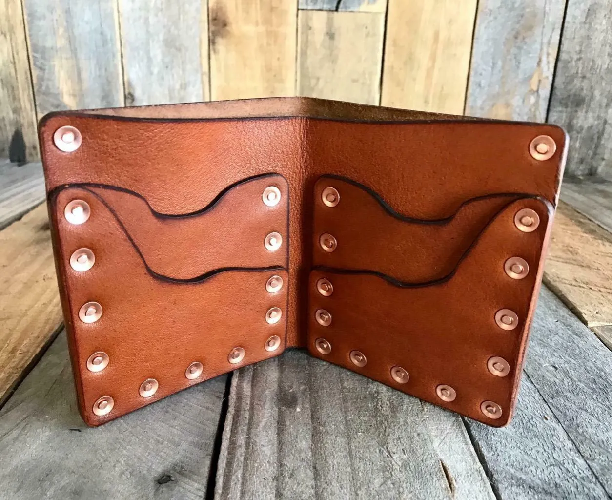 "Riveter" Men's Tan Leather Bifold Wallet With Solid Copper Rivets Seat Harley