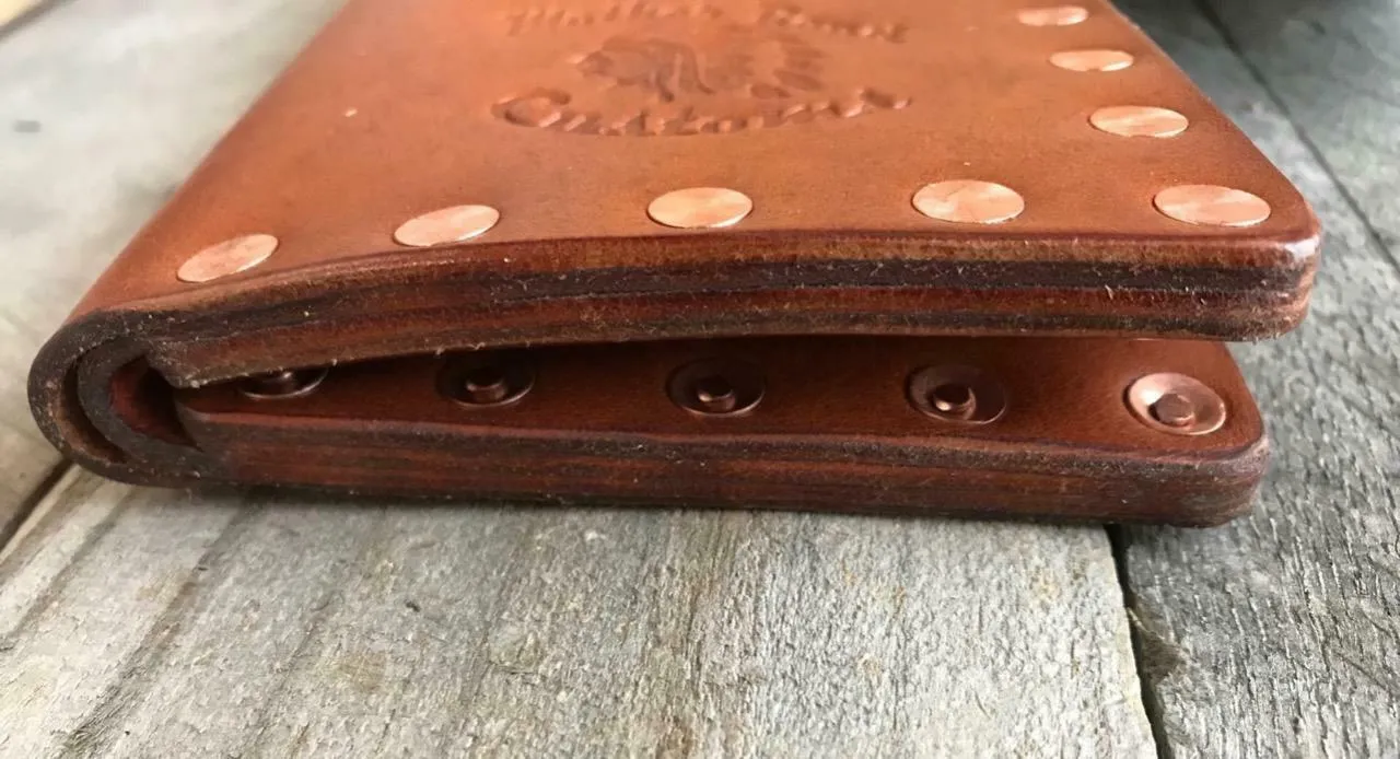 "Riveter" Men's Tan Leather Bifold Wallet With Solid Copper Rivets Seat Harley