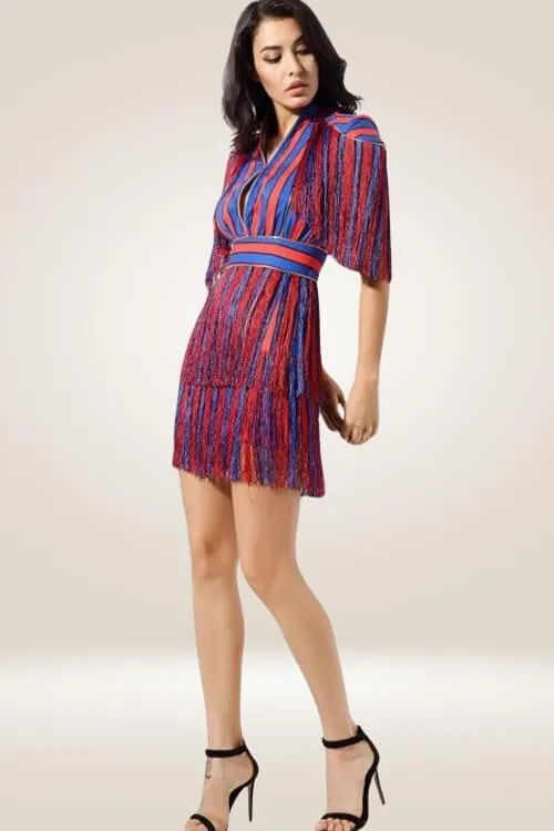 Red And Blue Striped Fringe Mini Dress