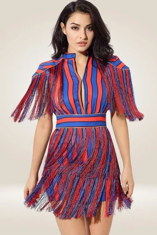 Red And Blue Striped Fringe Mini Dress