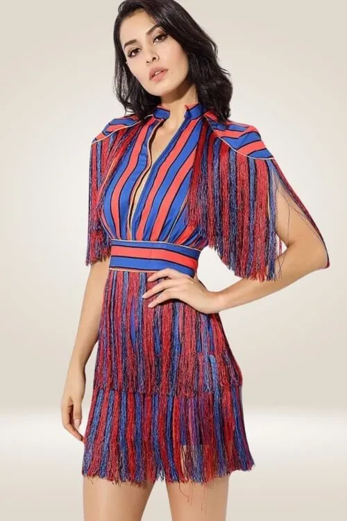 Red And Blue Striped Fringe Mini Dress