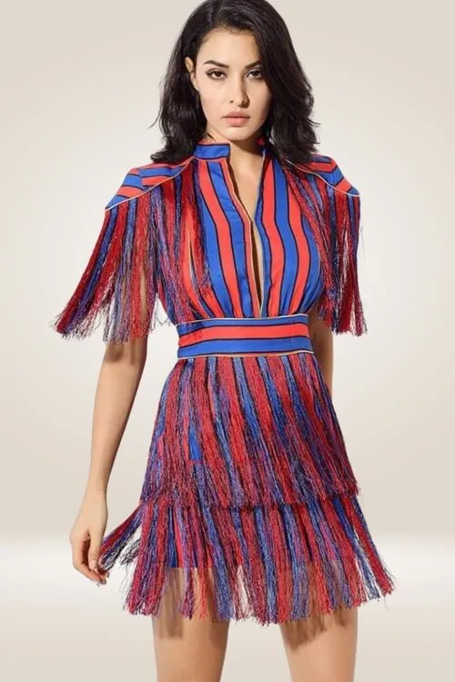 Red And Blue Striped Fringe Mini Dress