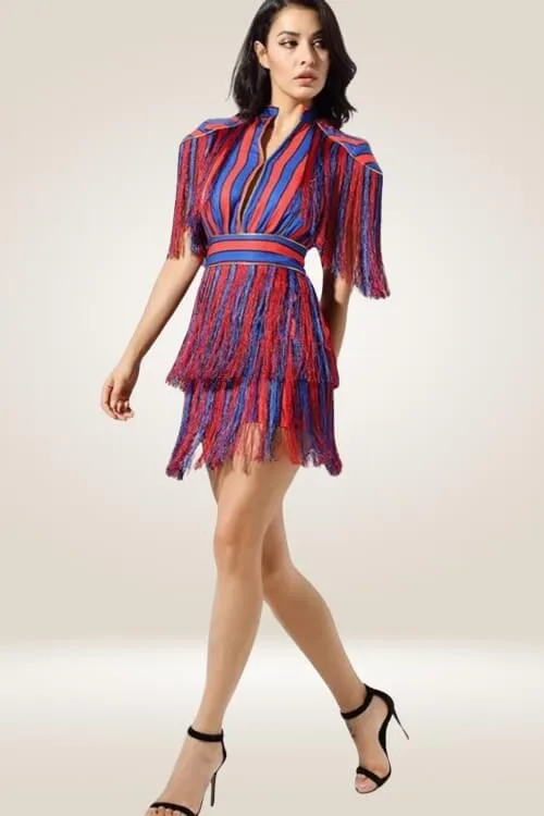 Red And Blue Striped Fringe Mini Dress