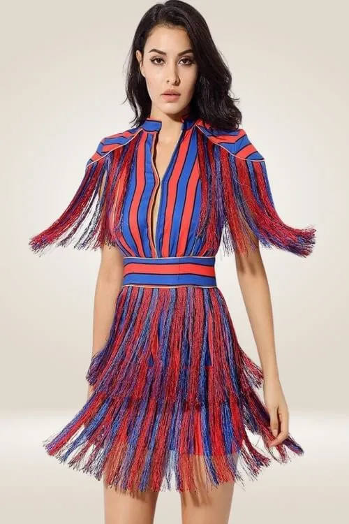 Red And Blue Striped Fringe Mini Dress