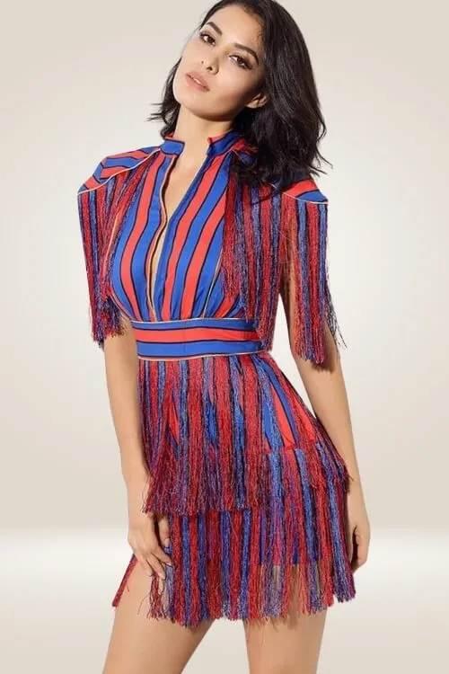 Red And Blue Striped Fringe Mini Dress