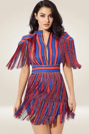Red And Blue Striped Fringe Mini Dress