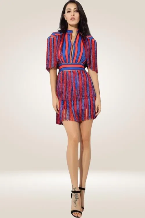 Red And Blue Striped Fringe Mini Dress