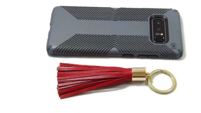 Red Lambskin Leather Tassel Keychain with 14k Gold Plated Brass Top Free Gift Wrap