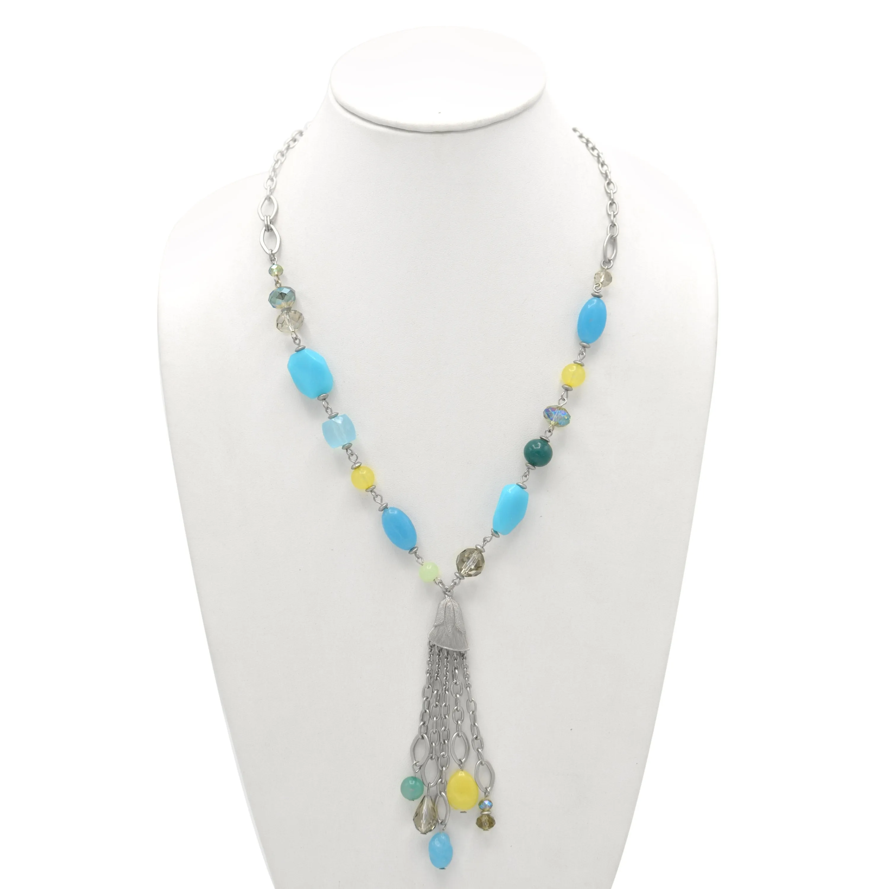 RHODIUM-BLUE MIX BEADS TASSEL NECKLACE #SC32364_ROD-BLU_MIX (BH6/BG6)